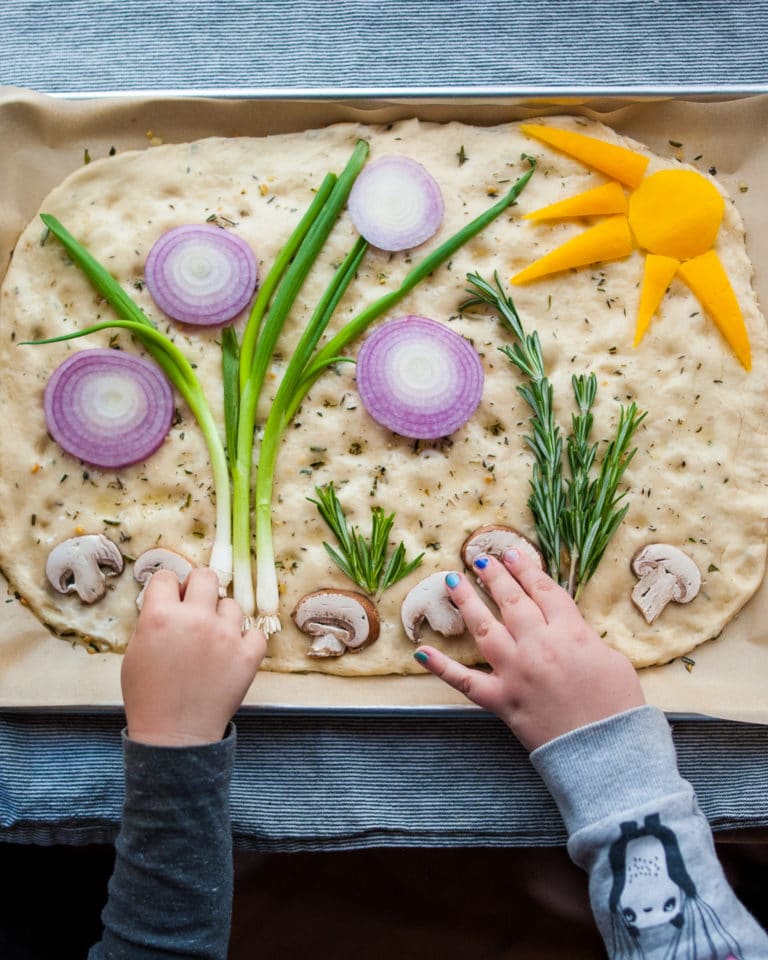 Sprouting Wild Ones shows how easy it is for kids to make Garden Focaccia for Easter