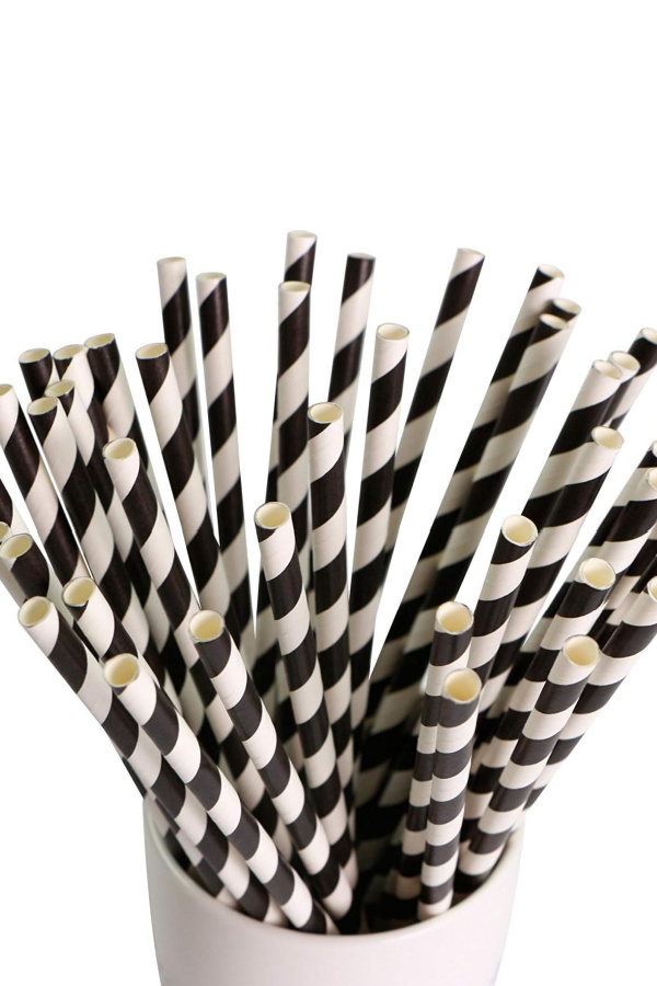 black and white paper straws for a Beetlejuice themed Halloween party