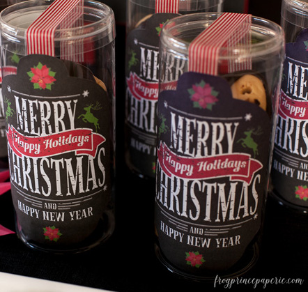 Fill clear tubes with cookies and affix Christmas labels from Frog Prince Paperie