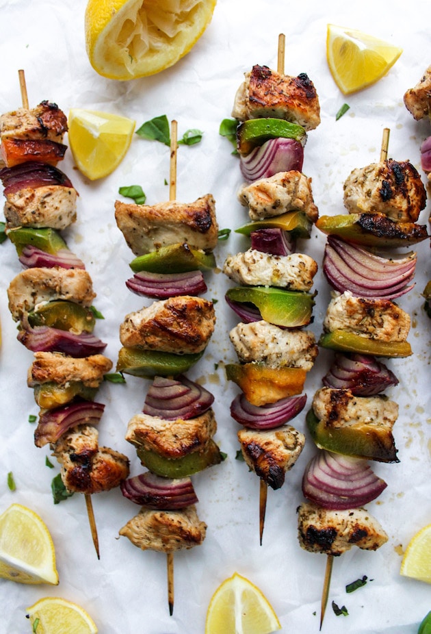Weekly meal plan: Greek Lemon Chicken Skewers at A Saucy Kitchen