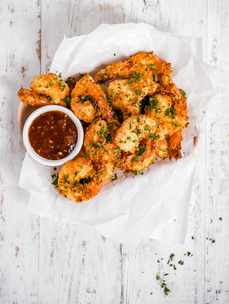 Easy spring appetizers for dinner at home:  Air Fryer Coconut Shrimp at Holistic Foodie
