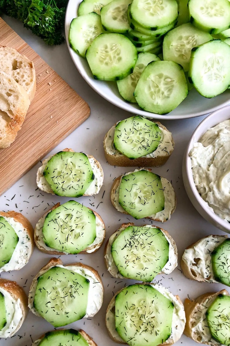 Easy spring appetizers for dinner at home: Cucumber and dill baguettes at Modern Meal Makeover are a twist on classic cucumber sandwiches