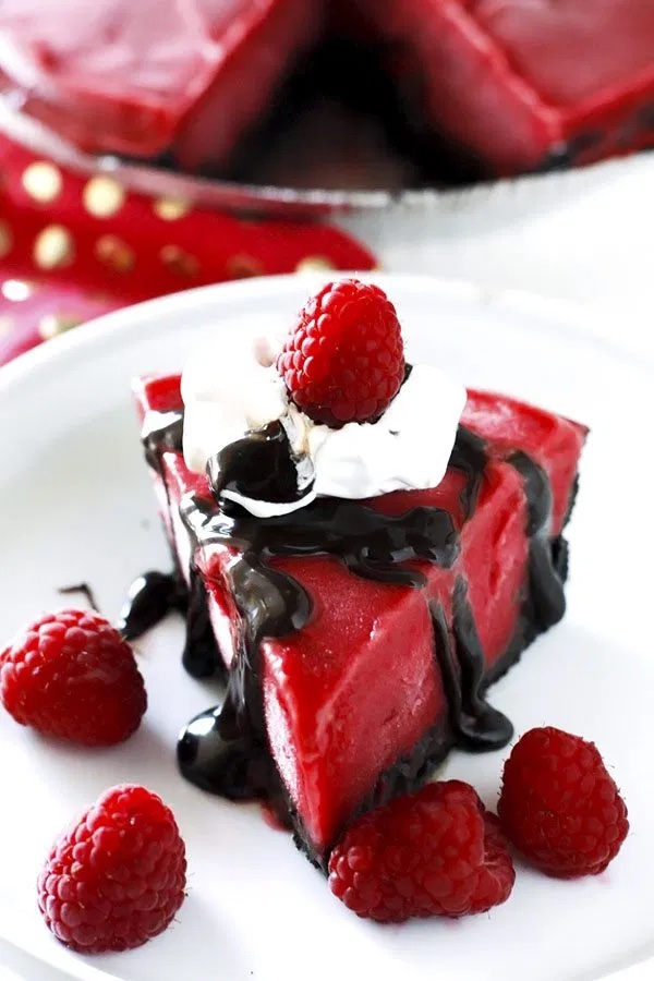Tricks for lghter summer dessert recipes: Use chocolate as an accent instead of the main ingredient. Raspberry Sorbet Icebox Pie at Food, Folks and Fun