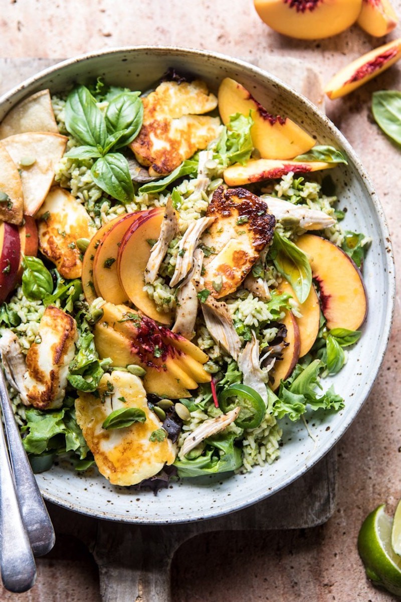 5 light dinners for summer: Peachy Chipotle Chicken Tortilla and Avocado Rice Salad with Pan Fried Halloumi at Halfbaked Harvest