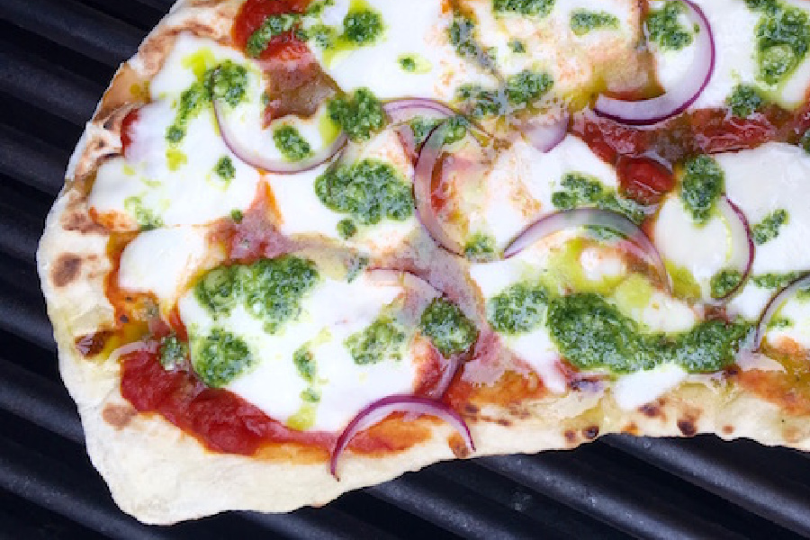 How to grill pizza: Pesto, Cheese and Red Onion Grilled Pizza © Jane Sweeney for Cool Mom Eats