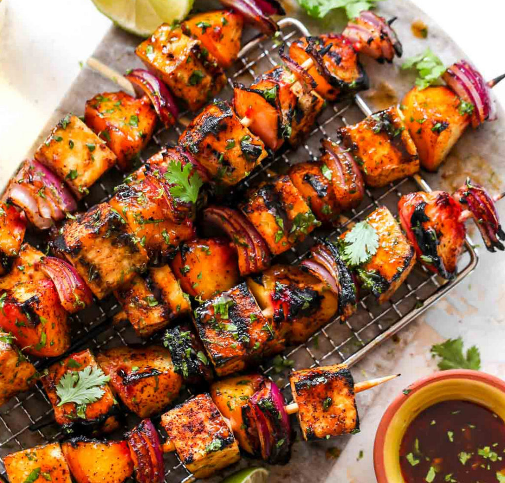 Meals for a heatwave: Chili Lime Tofu and Peach Skewers from Dishing Out Health