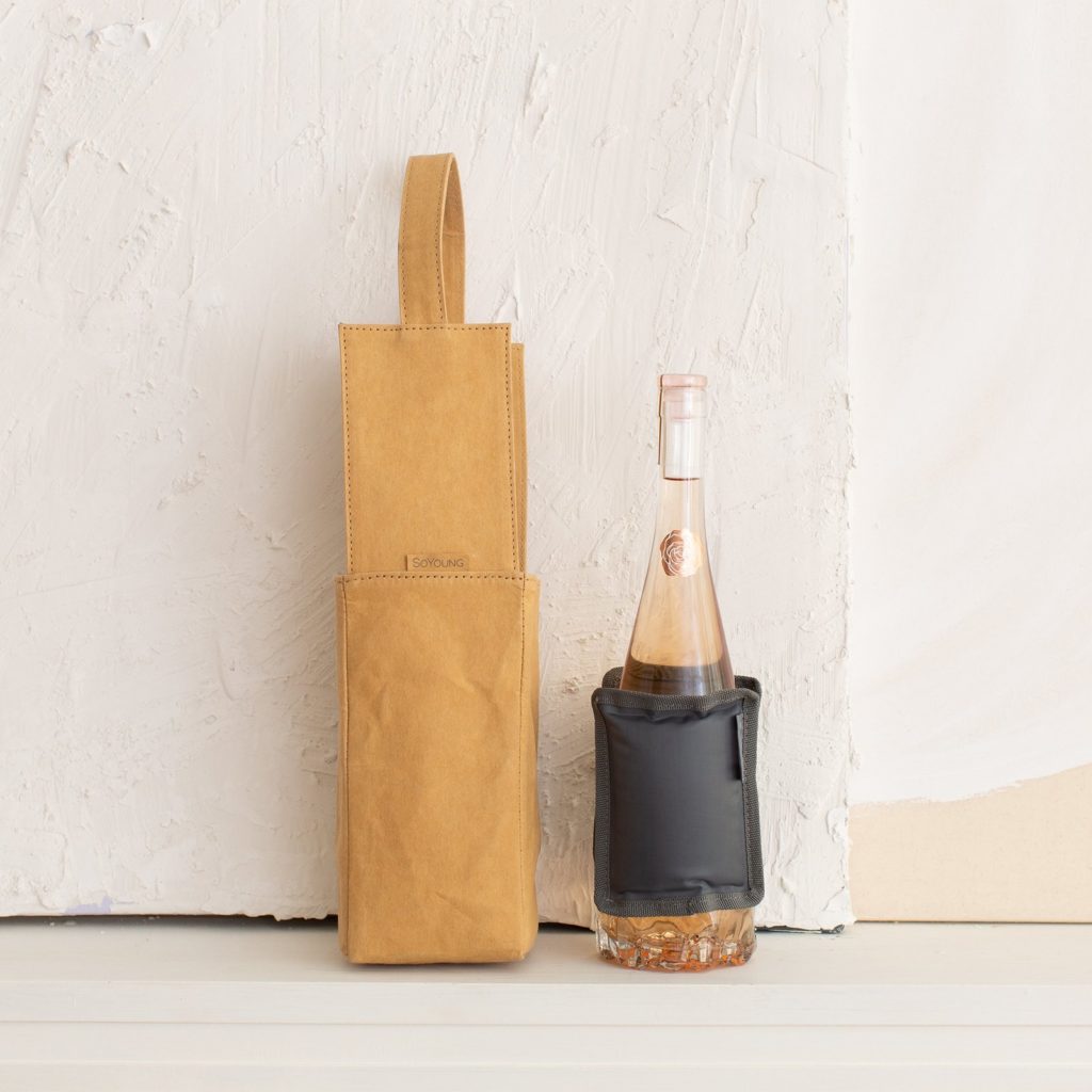 AAPI owned food gifts: The lovely Kraft paper wine carrier and cooler from Catherine Choi of SoYoung