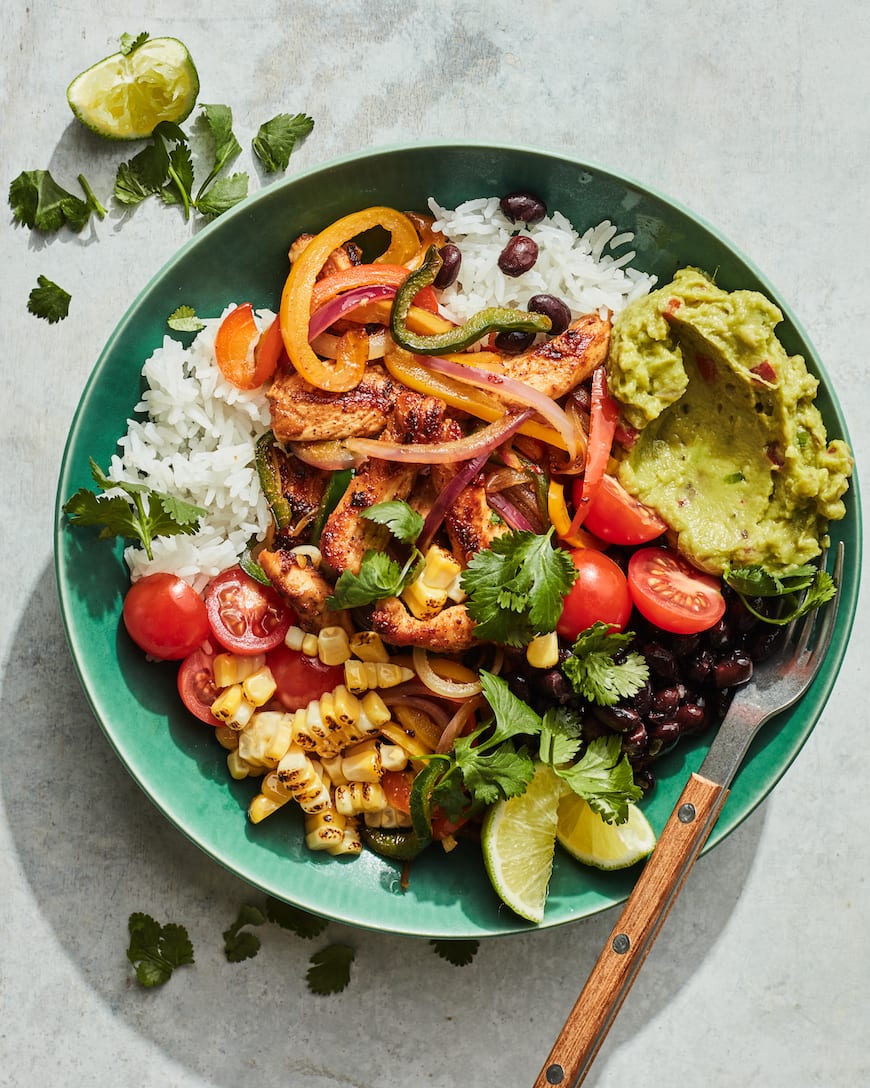 2021 meal plan ideas: Chicken fajita bowls at What's Gaby Cooking?