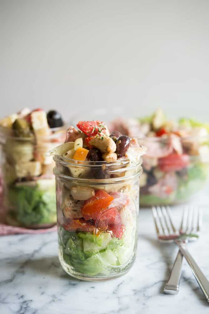 Fill a mason jar with this antipasto salad recipe from Fed & Fit for school or work lunch