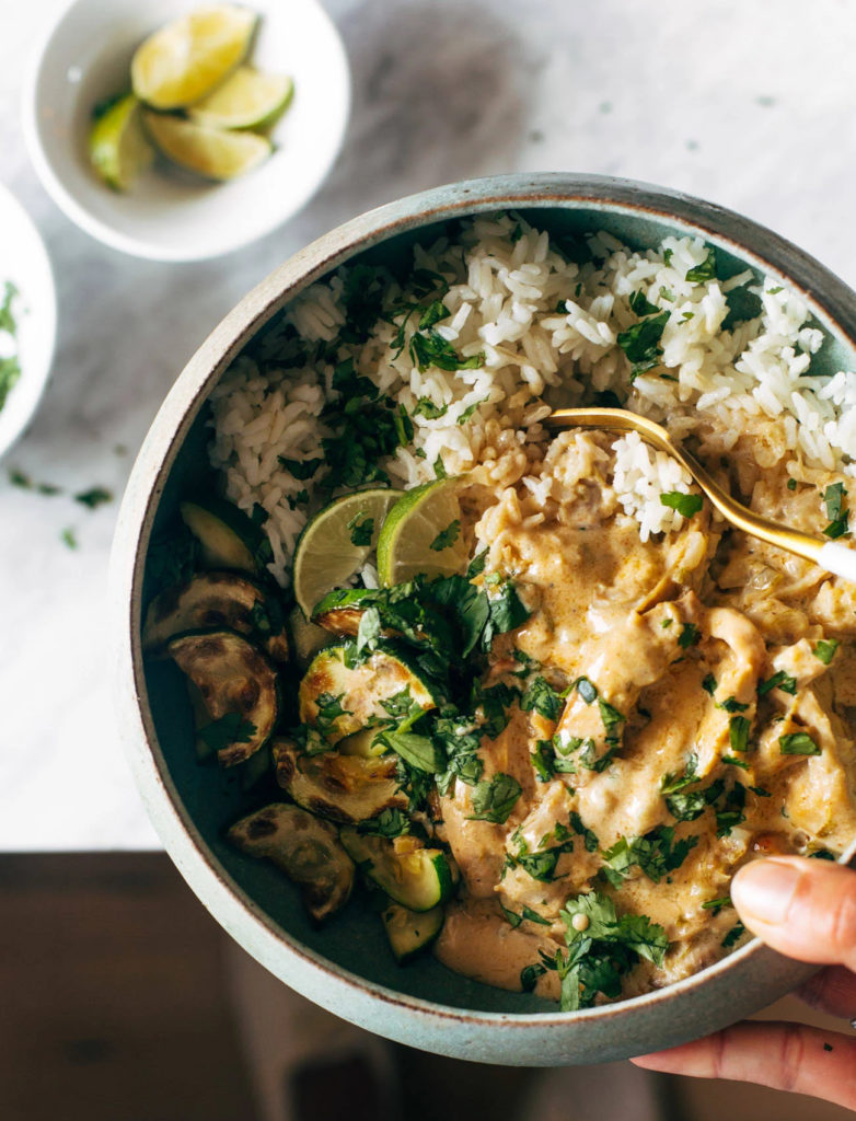 Meal plan ideas using zucchini: Lemongrass Chicken with rice and zucchini from Pinch of Yum