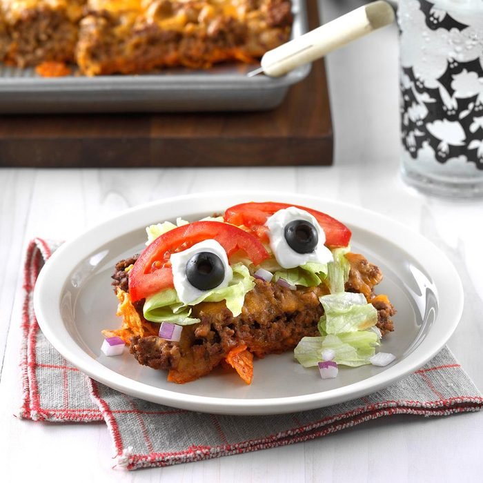 Halloween themed Weekly Meal Plan Ideas: Eyeball Taco Salad from Taste of Home