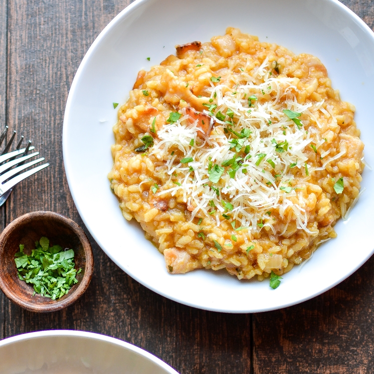 Loving Cooking and Beer's "no stir" pumpkin and bacon risotto recipe