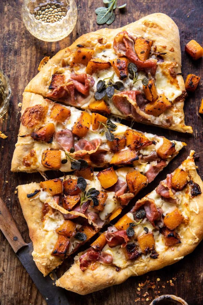 Weekly Meal Plan Ideas using November Produce: Roasted Butternut Squash Prosciutto Pizza with Caramelized Onions from Half Baked Harvest