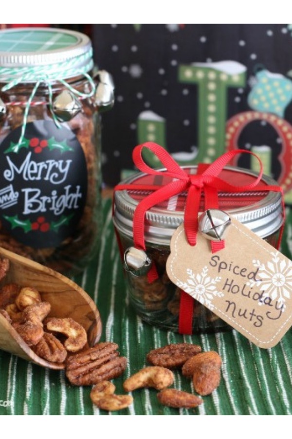 Spiced nuts in a mason jar make a great gift using this recipe from The Nourishing Home
