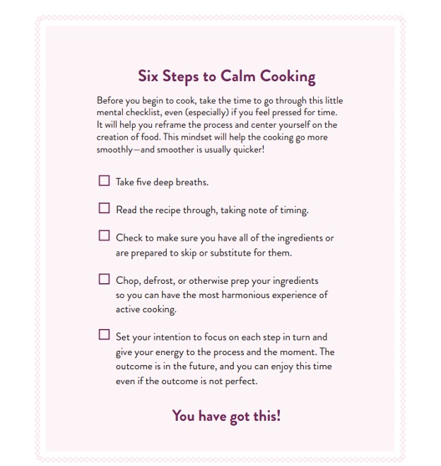6 steps to calm cooking: From Leanne Brown's Good Enough: A Cookbook | Shared with permission