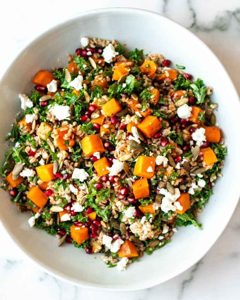Fall Pasta Salad recipes | Fall Farro Salad with Butternut Squash, Kale, Pomegranate, and Goat Cheese from Daisy Beet