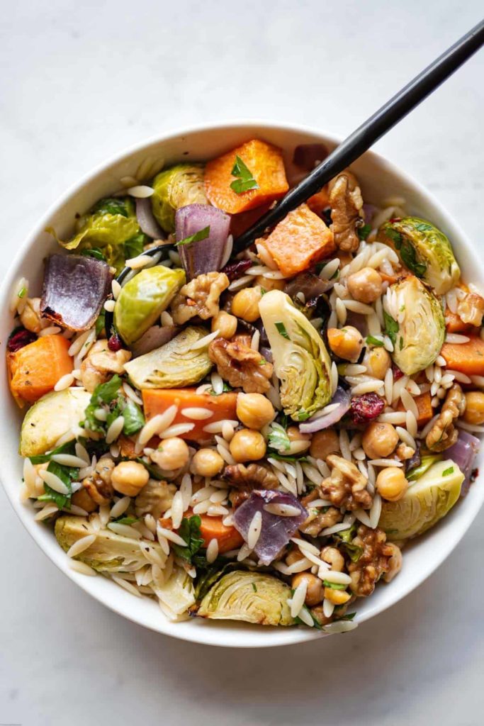 Fall Pasta Salad recipes | Vegan Roasted Veggie Orzo Salad from Cooking for Peanuts