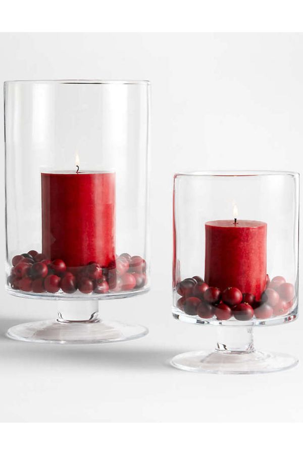 Crate and Barrel's glass candleholders with cranberries makes a dramatic centerpiece on your Thanksgiving table