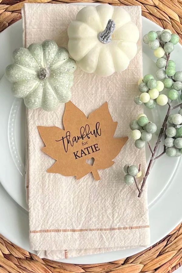 These custom leaf place cards from Love More by Elzaan make a pretty Thanksgiving place card.