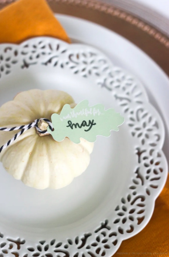 Printable Crush's free printable leaves attach to a mini pumpkin for a perfect Thanksgiving place setting.