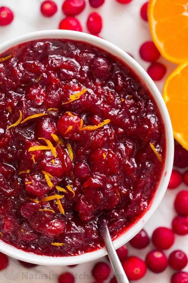 Homemade cranberry sauce from Natasha's Kitchen for Thanksgiving potluck