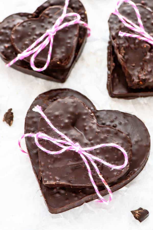 Clever, 2-ingredient, heart-shaped chocolate bark recipe from Well Plated