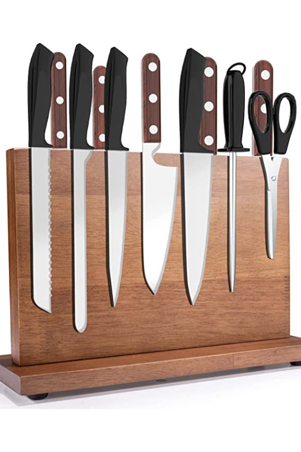 A magnetic knife block is a cleaner way to store kitchen knives.