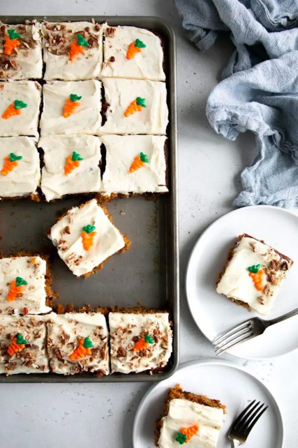 Easy to make carrot sheet cake from The Forked Spoon is a great Easter cake.